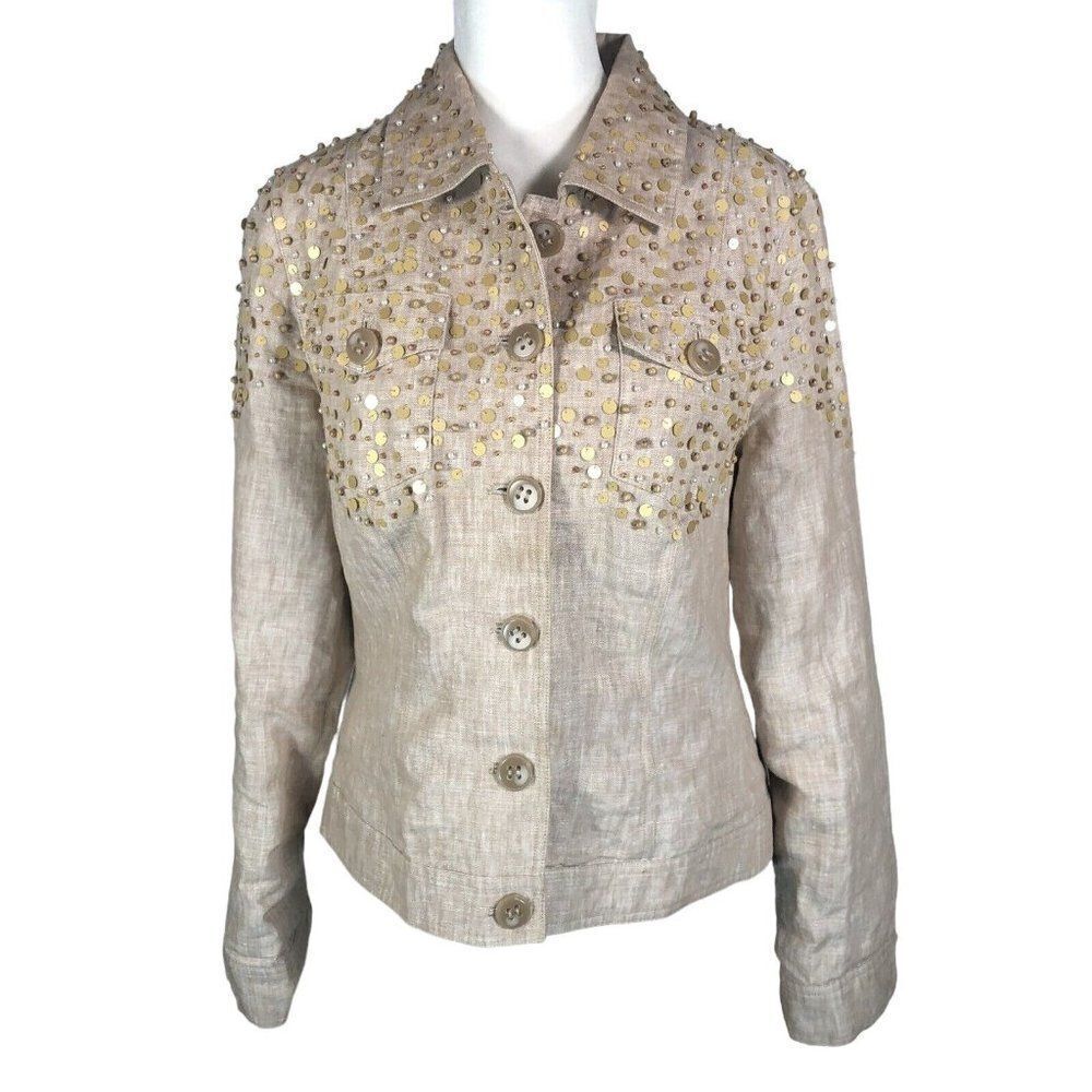 Just B Women’s Tan100% Linen Jacket M Pearls Beaded Sequins Spring